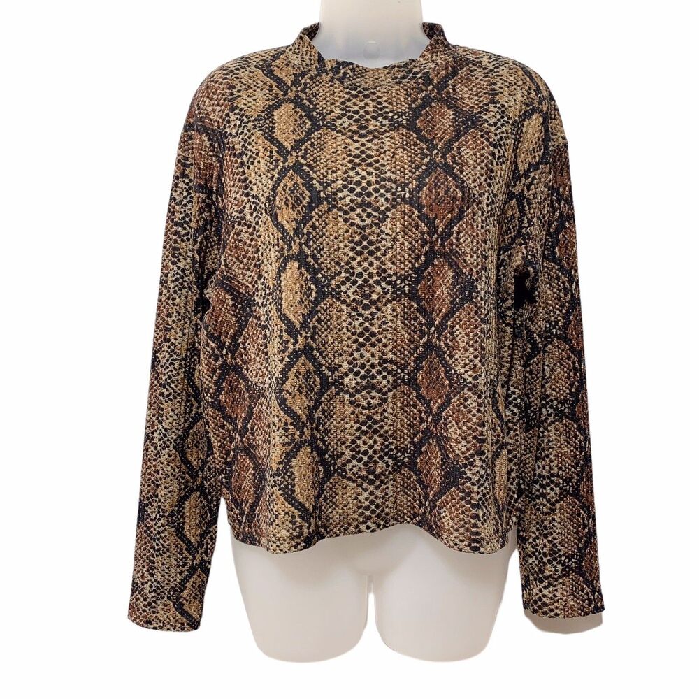 Zara Trafaluc Womens M Brown Snake Print Long Sleeve Mock Neck Top Animal Print